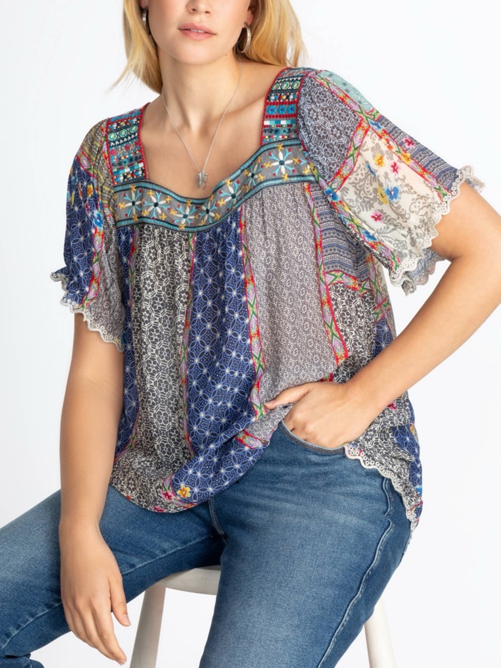 Johnny Was Kichica Padme Multi-Print Embroidered Square Neck Blouse